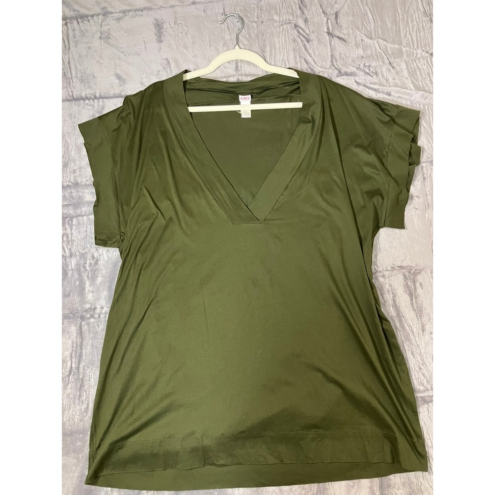 ERES Paris‎ Olive Green V-Neck Cotton T-Shirt Made in France Medium Minimalist